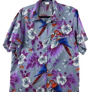 King Kameha Hawaiian Shirt Gray Parrot Floral Print Short Sleeve Men’s XL